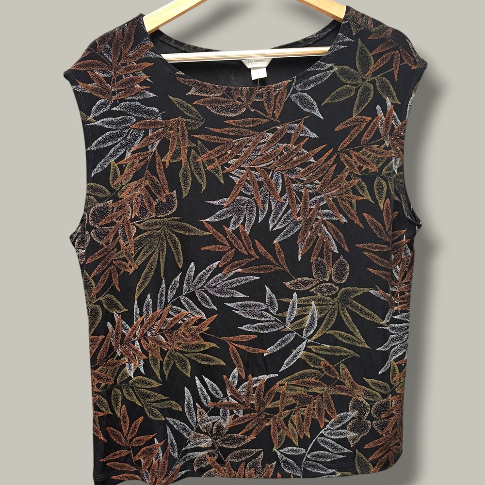 Christopher & Banks Women XL Black Metallic Leaf Travel Knit Sleeveless Top